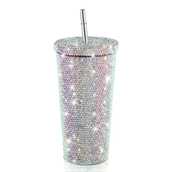 Other - Sparkling White AB Rhinestone Tumbler with Stainless Steel Straw
